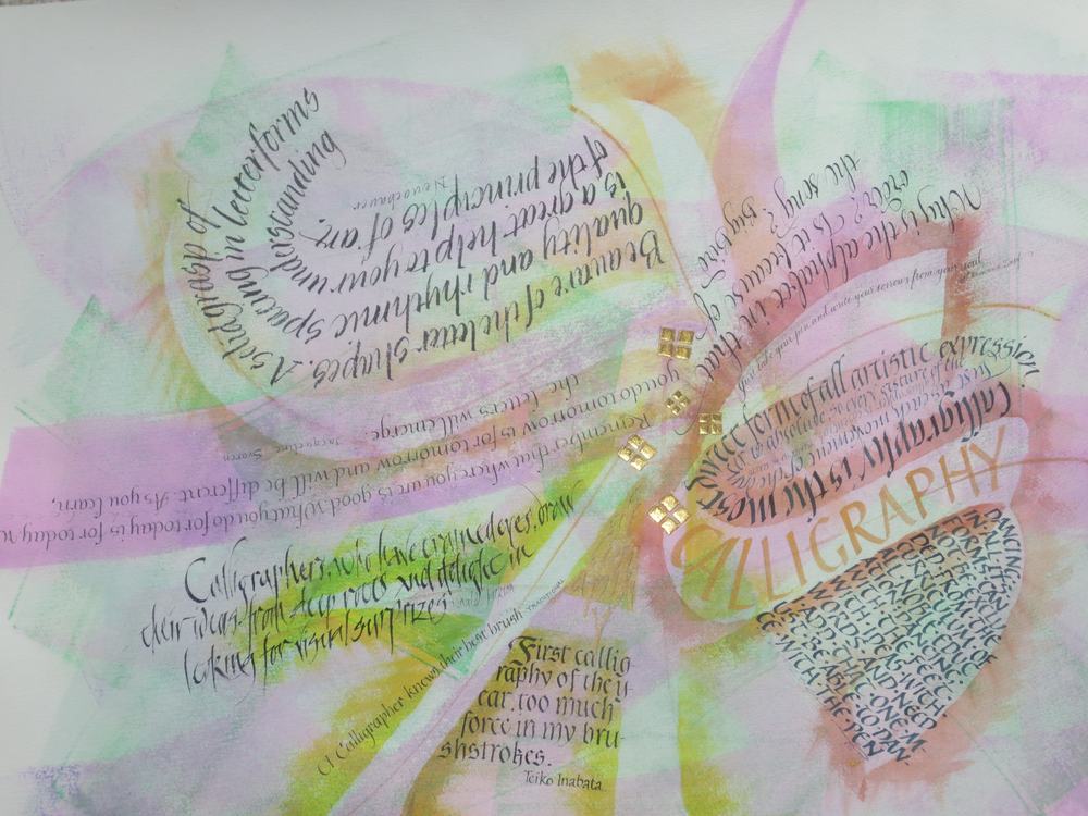 Rick Draffin-- Calligraphy --ink on washed watercolour background, various scripts